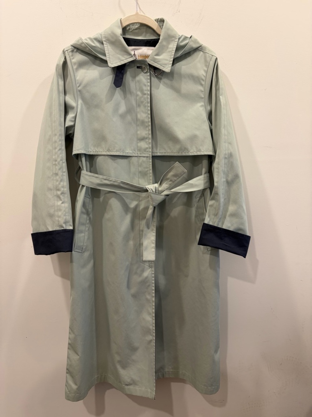Vintage London Fog Mint Green Trench Coat with Navy Lining Hooded Belted Washed